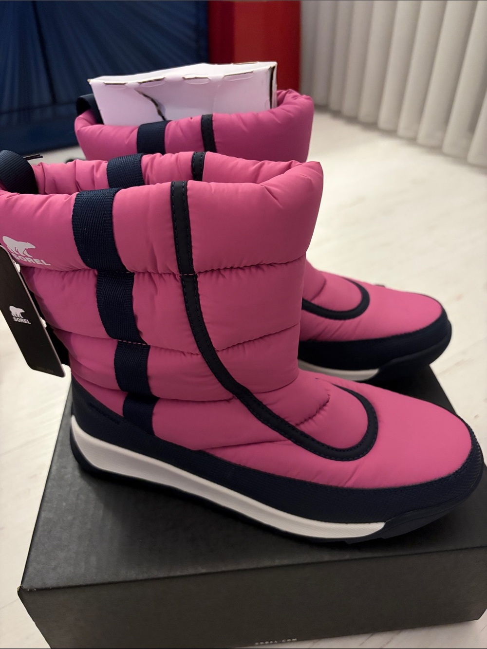 Sorel Kids Pink and Navy Puffer Snow Boots